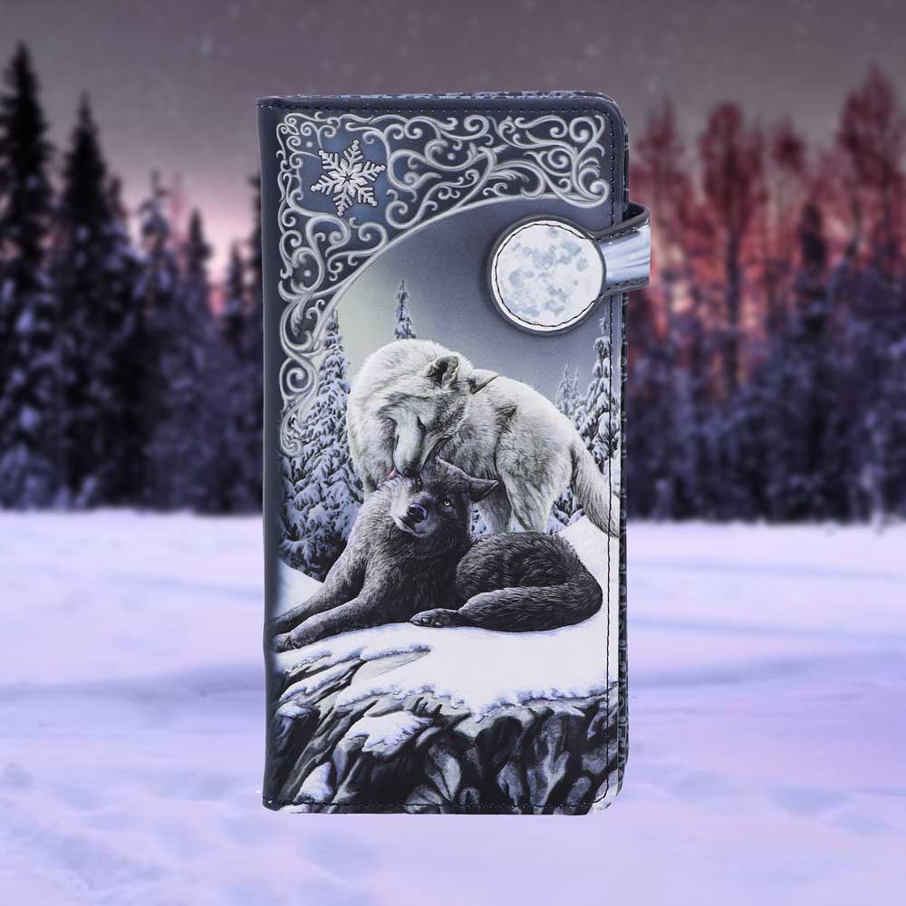 ARTWORK BY LISA PARKER - OFFICIALLY LICENSED - SNOW KISSES - EMBOSSED WOLF PURSE - 18.5cm
