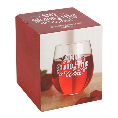 STEMLESS WINE GLASS - MY BLOOD TYPE IS WINE - CLEAR GLASS WITH BAT DESIGN