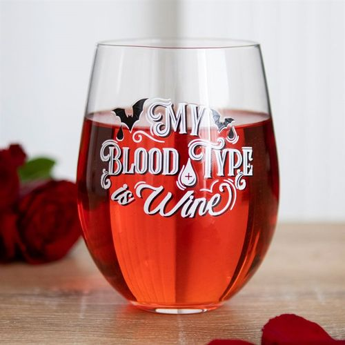 STEMLESS WINE GLASS - MY BLOOD TYPE IS WINE - CLEAR GLASS WITH BAT DESIGN