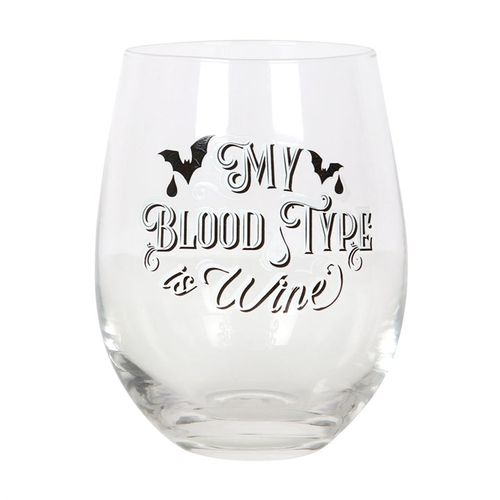 STEMLESS WINE GLASS - MY BLOOD TYPE IS WINE - CLEAR GLASS WITH BAT DESIGN