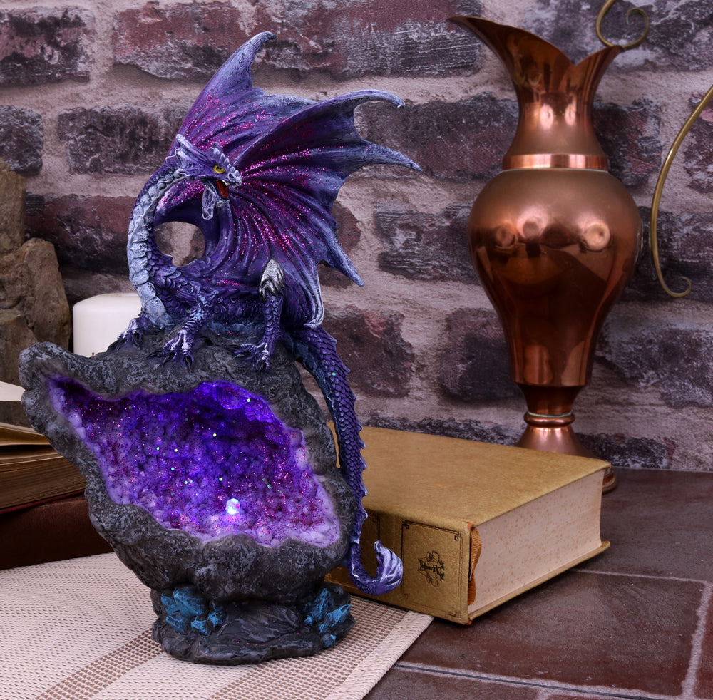 AMETHYST CUSTODIAN - FANTASY PURPLE DRAGON GUARDING A GEODE 22cm