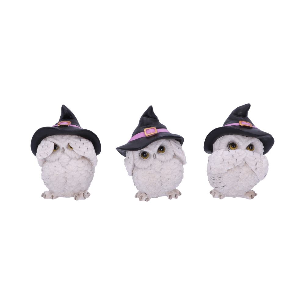 THREE WISE FEATHERED FAMILIARS - OWLS WITH HATS - SEE NO EVIL, HEAR NO EVIL, SPEAK NO EVIL